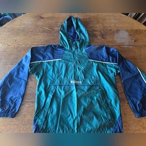 Columbia Blue and Green Hooded Packable Windbreaker Jacket